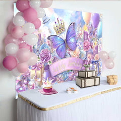 Lofaris Toile de fond anniversaire papillon bleu violet magique, fond fête boîte cadeau couronne, accessoire photo princesse fille