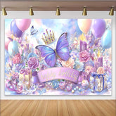 Lofaris Toile de fond anniversaire papillon bleu violet magique, fond fête boîte cadeau couronne, accessoire photo princesse fille