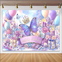 Lofaris Toile de fond anniversaire papillon bleu violet magique, fond fête boîte cadeau couronne, accessoire photo princesse fille