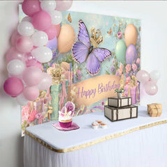 Lofaris Toile de fond anniversaire couronne papillon pastel, fond fête boîte cadeau ballon, accessoire Cake Smash princesse fille