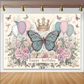 Lofaris Toile de fond anniversaire papillon bleu croquis vintage, fond dessin couronne florale, décor fête artistique fille