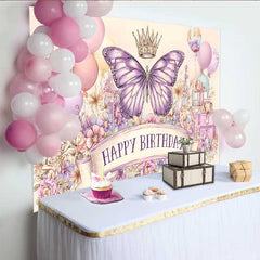Lofaris Toile de fond anniversaire papillon rose violet artistique, fond croquis ballon couronne, bannière photo fête fille