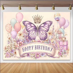 Lofaris Toile de fond anniversaire papillon rose violet artistique, fond croquis ballon couronne, bannière photo fête fille