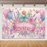 Lofaris Toile de fond anniversaire papillon bleu sarcelle nœud rose, fond floral ballon couronne, décoration fête princesse fille
