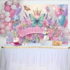 Lofaris Toile de fond anniversaire papillon bleu et rose, fond scintillant couronne florale, bannière fête princesse fée fille