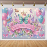 Lofaris Toile de fond anniversaire papillon bleu et rose, fond scintillant couronne florale, bannière fête princesse fée fille
