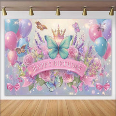 Lofaris Toile de fond anniversaire papillon bleu et rose, fond scintillant couronne florale, bannière fête princesse fée fille
