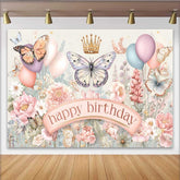 Lofaris Toile de fond anniversaire floral papillon pastel, fond jardin printemps couronne dorée, accessoire photo fête fille