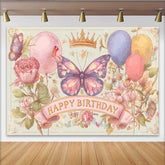 Lofaris Toile de fond anniversaire papillon croquis vintage, fond couronne florale rétro, décoration fête artistique fille