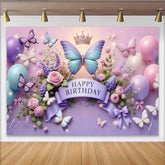 Lofaris Toile de fond anniversaire papillon violet et bleu 3D, fond ballon floral couronne, accessoire fête princesse fille