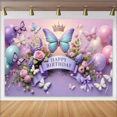 Lofaris Toile de fond anniversaire papillon violet et bleu 3D, fond ballon floral couronne, accessoire fête princesse fille