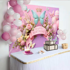 Lofaris Toile de fond anniversaire papillon menthe et rose 3D, fond floral ballon rayé, bannière anniversaire doux fille