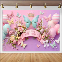 Lofaris Toile de fond anniversaire papillon menthe et rose 3D, fond floral ballon rayé, bannière anniversaire doux fille