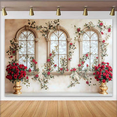 Lofaris Toile de fond arche fenêtre rose rouge, fond mariage vase floral doré, accessoire séance photo Saint-Valentin