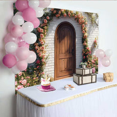Lofaris Toile de fond photographie, décoration arche florale rose rose porte bois rustique printemps