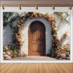 Lofaris Toile de fond photographie, décoration arche florale rose rose porte bois rustique printemps