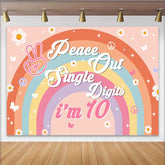 Lofaris Toile de fond Peace Out Single Digits, décor marguerite arc-en-ciel boho groovy 10ème anniversaire