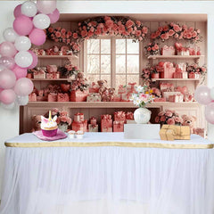 Lofaris Toile de fond Saint-Valentin, ensemble chambre fenêtre florale ours en peluche boîtes cadeaux roses