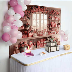 Lofaris Toile de fond Saint-Valentin, ensemble chambre fenêtre florale ours en peluche boîtes cadeaux roses