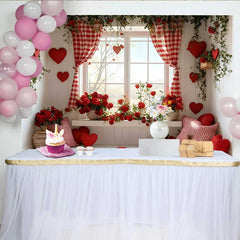 Lofaris Toile de fond Saint-Valentin, décor siège fenêtre roses rouges rideau vichy rouge