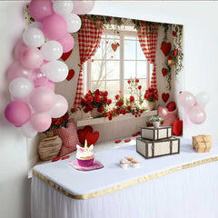 Lofaris Toile de fond Saint-Valentin, décor siège fenêtre roses rouges rideau vichy rouge