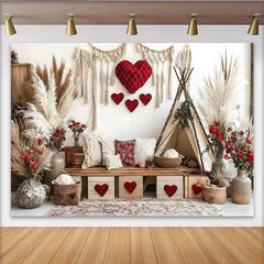 Lofaris Toile de fond Saint-Valentin, décoration herbe pampa cœur rouge tente tipi boho