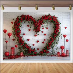 Lofaris Toile de fond Saint-Valentin, lanternes rouges mur brique blanche cœur floral rose rouge