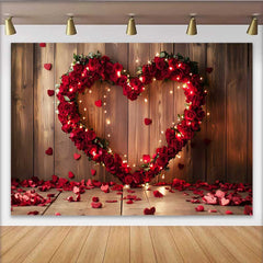 Lofaris Toile de fond Saint-Valentin, décor guirlande lumineuse cœur rose rouge bois rustique