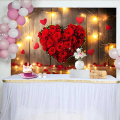 Lofaris Toile de fond Saint-Valentin, bois rustique guirlande lumineuse cœur floral rose rouge