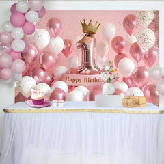 Lofaris Fond 1er Anniversaire Ballons 3D Rose et Blanc, Couronne d'Or et Chiffre 1