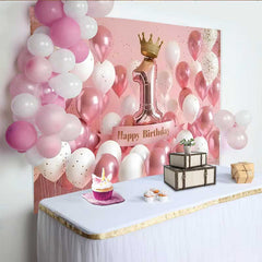 Lofaris Fond 1er Anniversaire Ballons 3D Rose et Blanc, Couronne d'Or et Chiffre 1