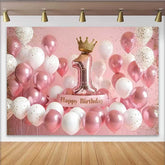 Lofaris Fond 1er Anniversaire Ballons 3D Rose et Blanc, Couronne d'Or et Chiffre 1