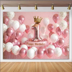 Lofaris Fond 1er Anniversaire Ballons 3D Rose et Blanc, Couronne d'Or et Chiffre 1