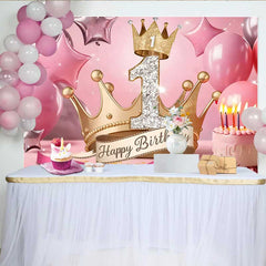 Lofaris Fond Couronne d'Or Royale 1er Anniversaire, Étoiles Roses et Gâteau