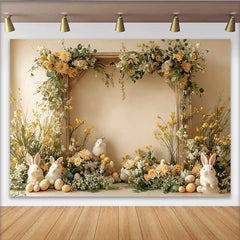 Lofaris Fond Lapin de Pâques et Fleurs Jaunes, Jardin de Printemps et Œufs