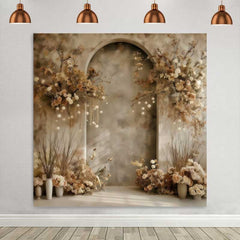 Lofaris Toile de fond arche gris doux, branches florales séchées et plantes en pot crème pour portrait artistique