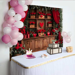 Lofaris Fond Rideau Rouge Romantique, Étagère Bois et Boîtes Cadeaux Roses