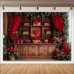 Lofaris Fond Rideau Rouge Romantique, Étagère Bois et Boîtes Cadeaux Roses