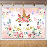 Lofaris Toile de Fond Visage de Licorne Florale, Corne Dorée et Rose Rose pour Anniversaire Fille