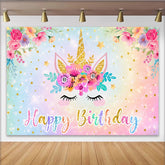Lofaris Toile de Fond Joyeux Anniversaire Licorne, Arc-en-ciel Pastel Fleurs et Étoiles Or