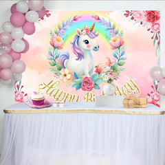 Lofaris Arrière-plan Anniversaire Licorne Arc-en-ciel, Couronne Florale Rose et Texte Pailleté Or