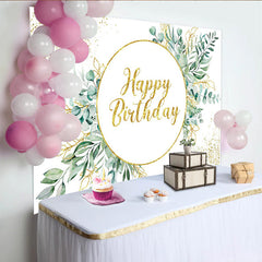 Lofaris Toile de Fond Anniversaire Eucalyptus et Verdure, Cadre Circulaire Or et Feuilles