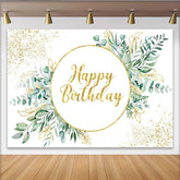 Lofaris Toile de Fond Anniversaire Eucalyptus et Verdure, Cadre Circulaire Or et Feuilles