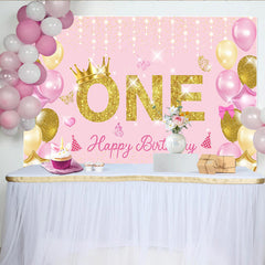 Lofaris Toile de Fond Premier Anniversaire Rose et Or, Paillettes ONE avec Couronne et Ballons