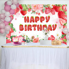 Lofaris Toile de Fond Anniversaire Fraise Douce et Fleurs Roses, Décoration de Fruits Aquarelle