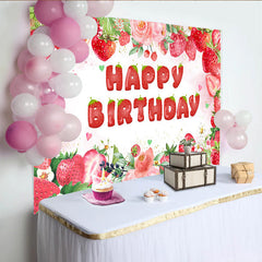Lofaris Toile de Fond Anniversaire Fraise Douce et Fleurs Roses, Décoration de Fruits Aquarelle