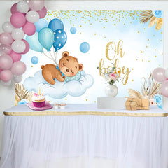 Lofaris Toile de Fond Baby Shower Ours sur Nuage, Ballons Bleus et Herbe de la Pampa pour Garçon