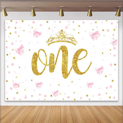 Lofaris Toile de Fond Premier Anniversaire Nœuds Roses et Couronne Or, Arrière-plan ONE Fille