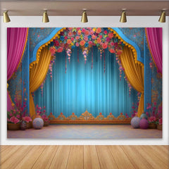 Lofaris Toile de Fond Scène Arche Florale, Cadre de Théâtre Bleu Orné, Bannière de Mariage