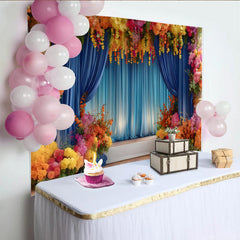 Lofaris Toile de Fond Scène Florale Royale, Rideaux Bleus et Piliers de Fleurs Vibrantes